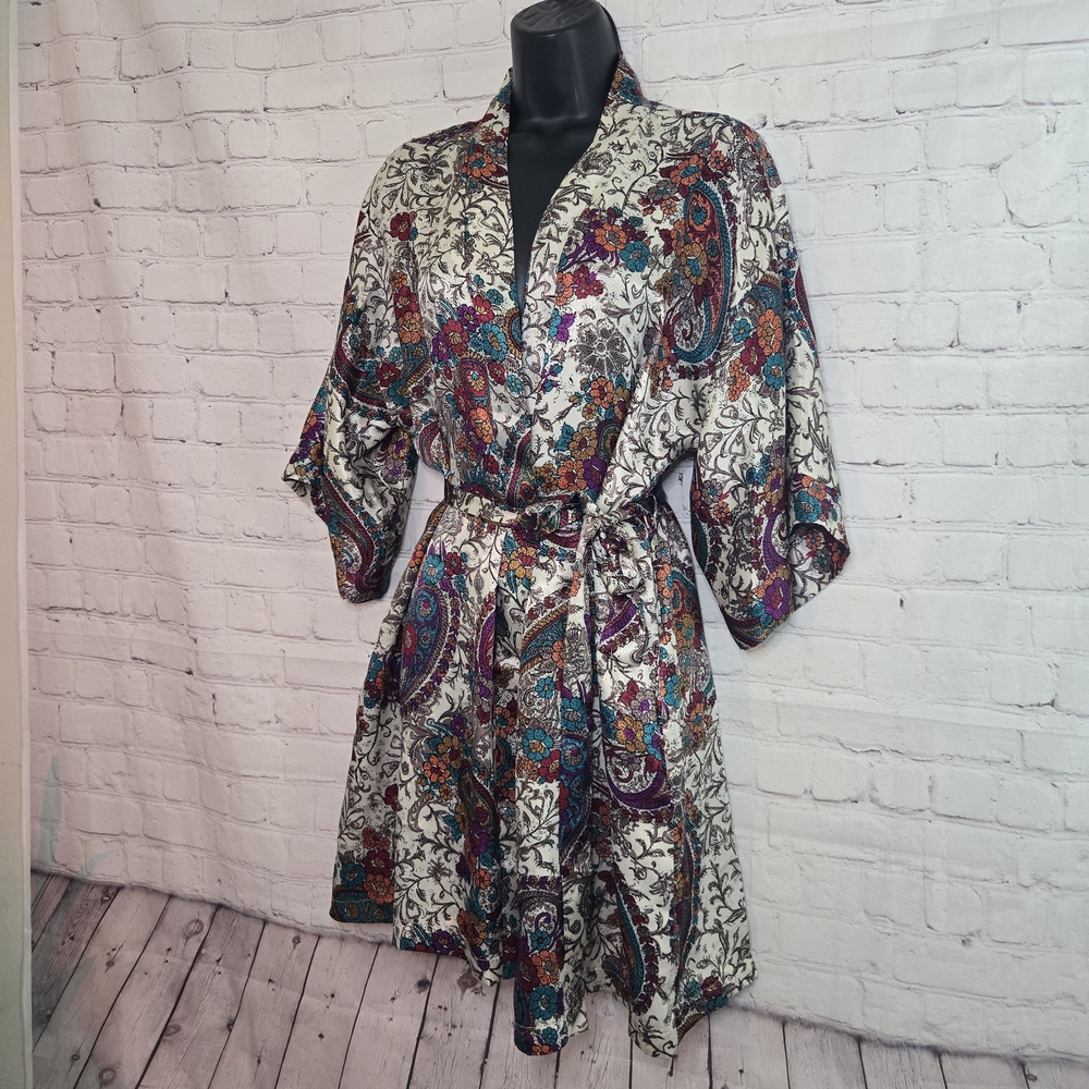 90s Frederick's of Hollywood Satin Paisel Floral Robe Kimono Boho Whimsigoth